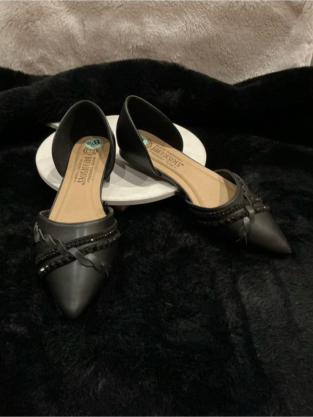 Harborsides Pointed Black D'Orsay Flats with Braided Trim Size 8.5